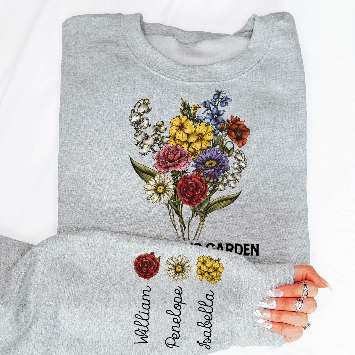 Grandma‘s Garden Beautiful Vintage Birth Month Flowers Bouquet Personalized Sleeve Printed Sweatshirt