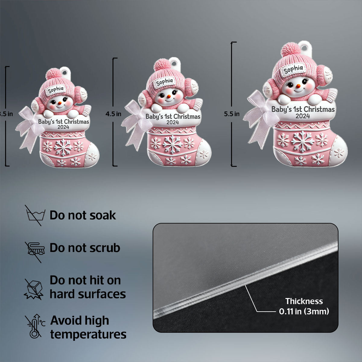 3D Effect Snowbaby On Stocking Baby's 1st Christmas Keepsake Personalized Acrylic Flat Ornament