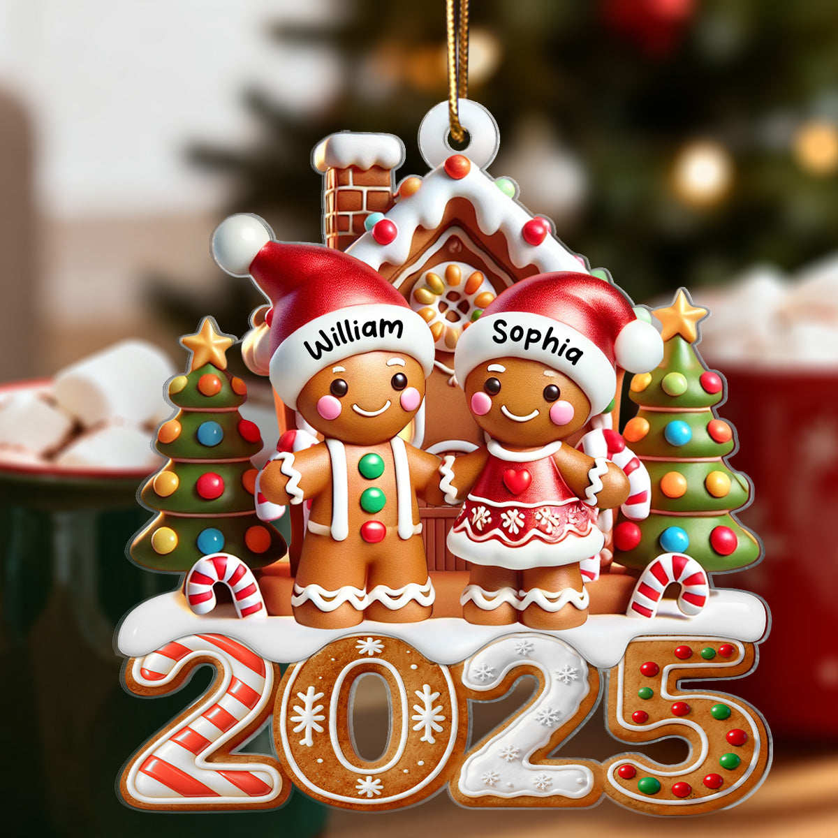 3D Effect 2025 Gingerbread Family With Gingerbread House - Personalized Acrylic Ornament