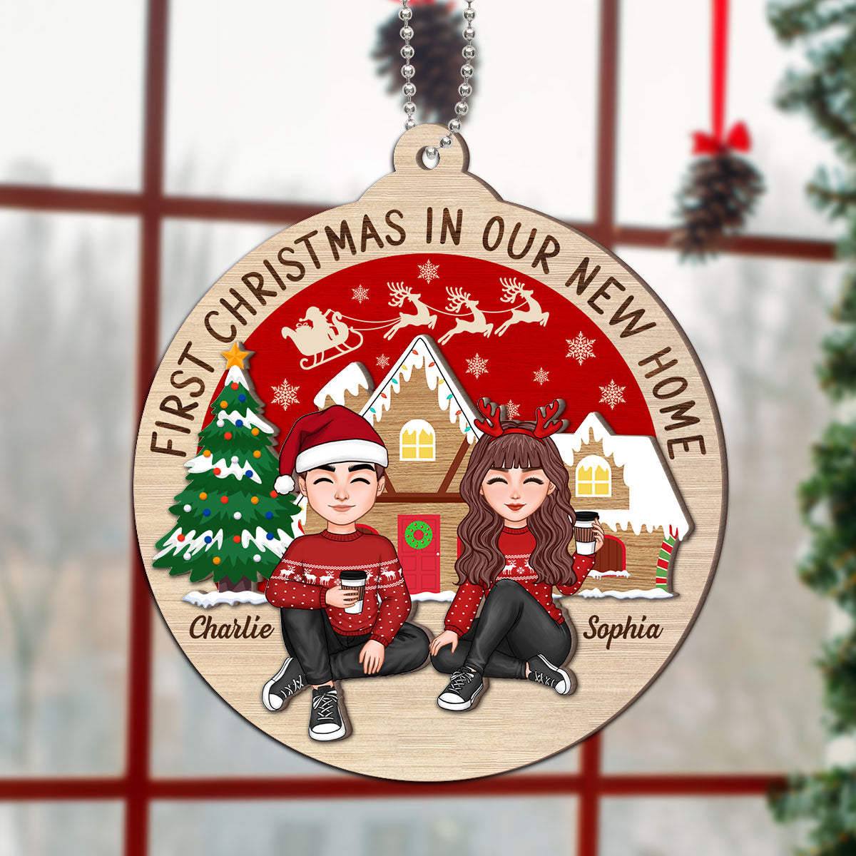 First Christmas In Our New Home Couple Sitting Personalized 2-Layer Wooden Ornament