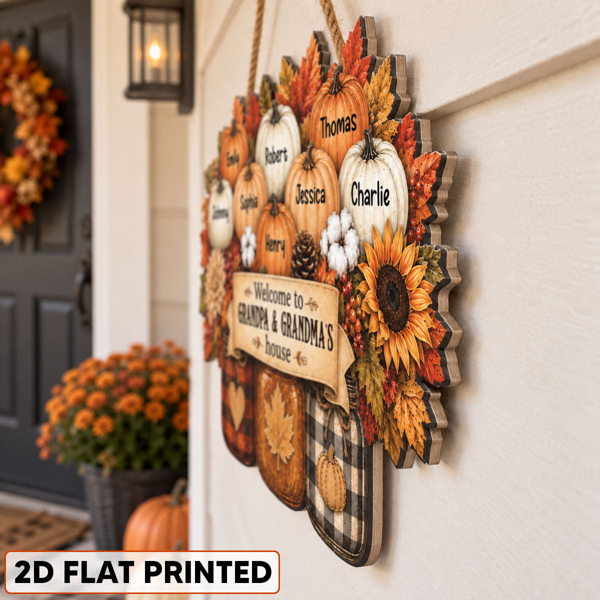 Cozy Warm Fall Season Mason Jars Pumpkins Welcome To Grandma Grandpa House - Personalized Wood Sign - Fall Decor For Grandparents (Up to 20 Grandkids)