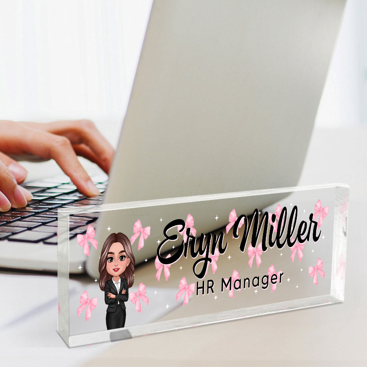 Coquette Woman Office Personalized Acrylic Desk Name Plate, Office Desk Decor, Gift For Colleagues, Coworkers, Boss
