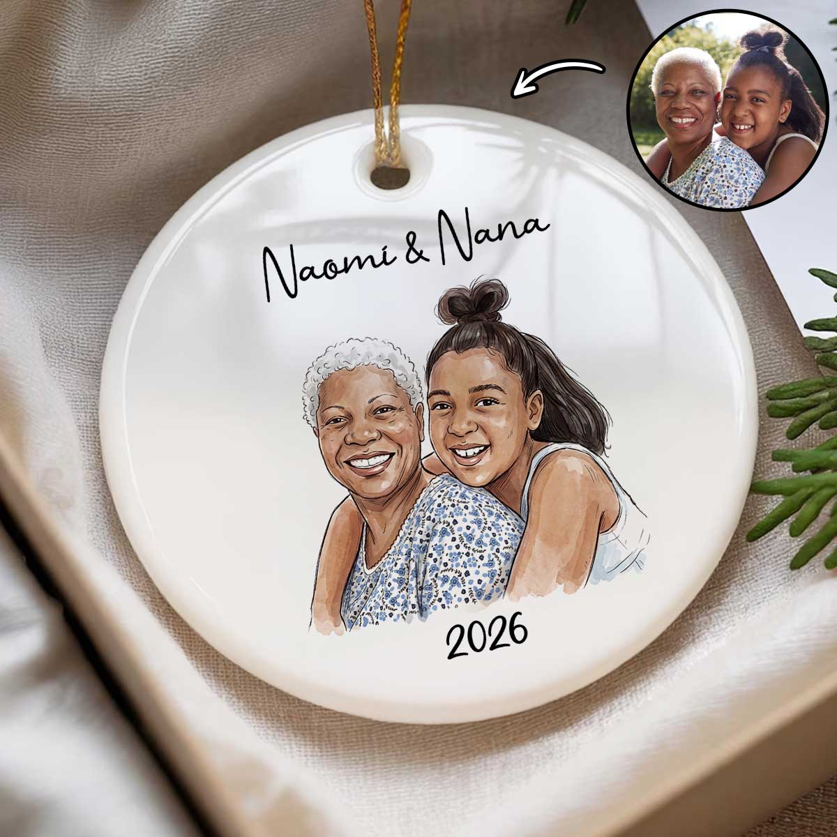 Custom Photo Grandma Grandkid Watercolor Style - Personalized Ceramic Ornament - Christmas Gift For Grandkids, Grandma