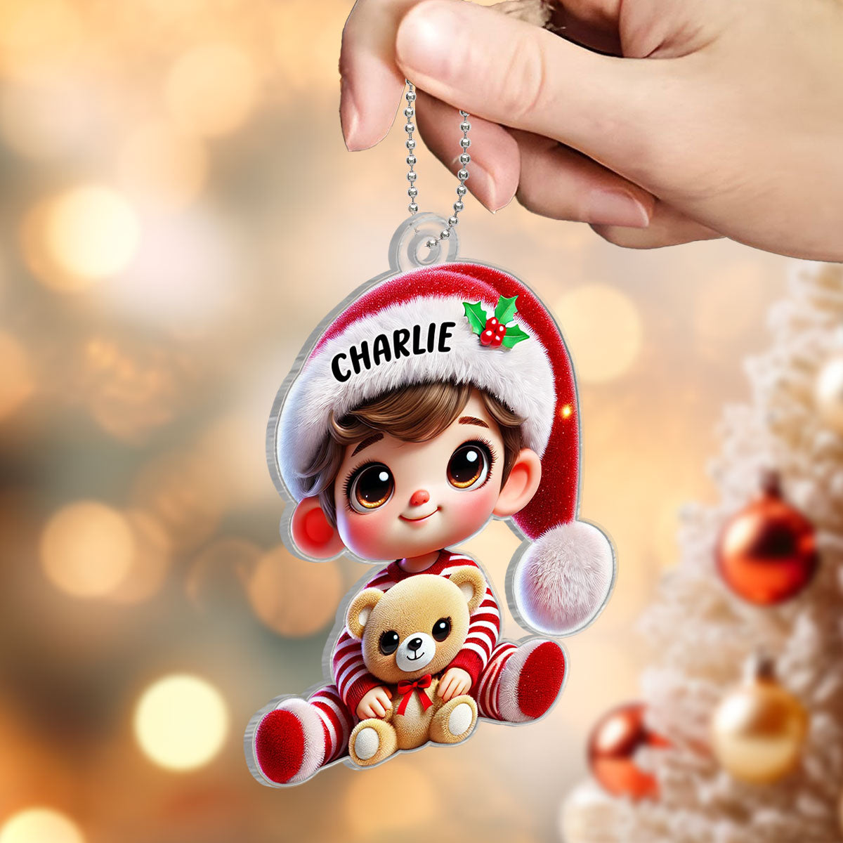 Kid Boy Girl Holding A Teddy Bear Personalized Acrylic Ornament, Christmas Gift for Children, Grandchildren