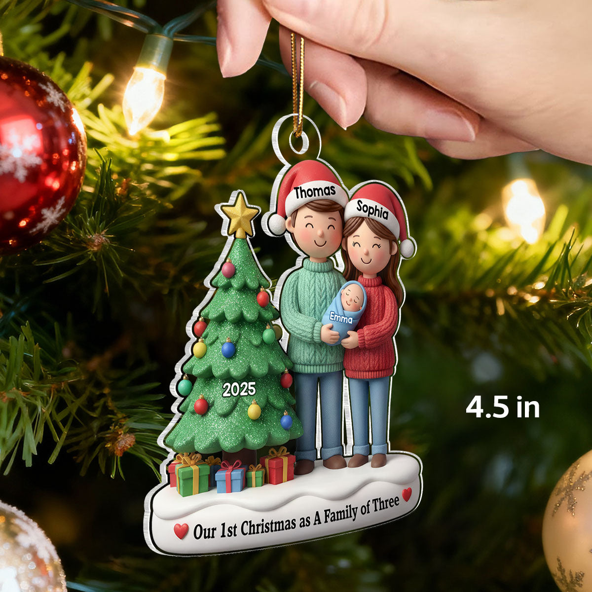 3D Effect First Christmas As Family Of Three Mom Dad & Baby By Tree - Personalized Acrylic Ornament
