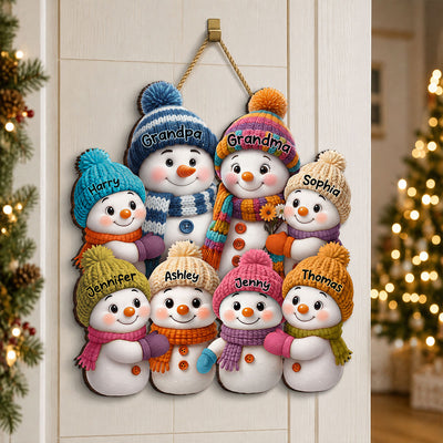 Snowman Grandparents and Grandkids - Personalized Wooden Door Sign - Cozy Christmas Decor for Grandparents