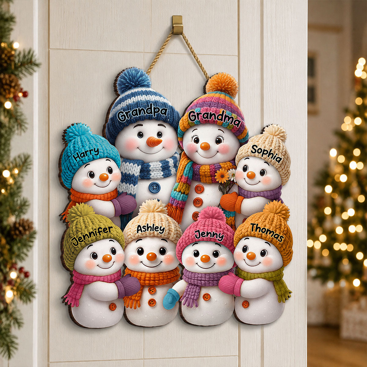 Snowman Grandparents and Grandkids - Personalized Wooden Door Sign - Cozy Christmas Decor for Grandparents
