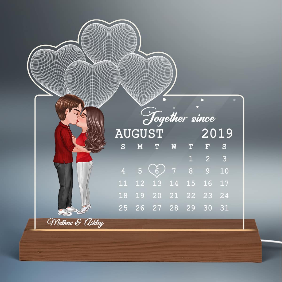 Doll Couple Kissing Under 3D Heart Anniversary Date Calendar Personalized Custom Shape Acrylic Plaque With LED Night Light - Anniversary Gift For Couple - Gift For Him Gift For Her