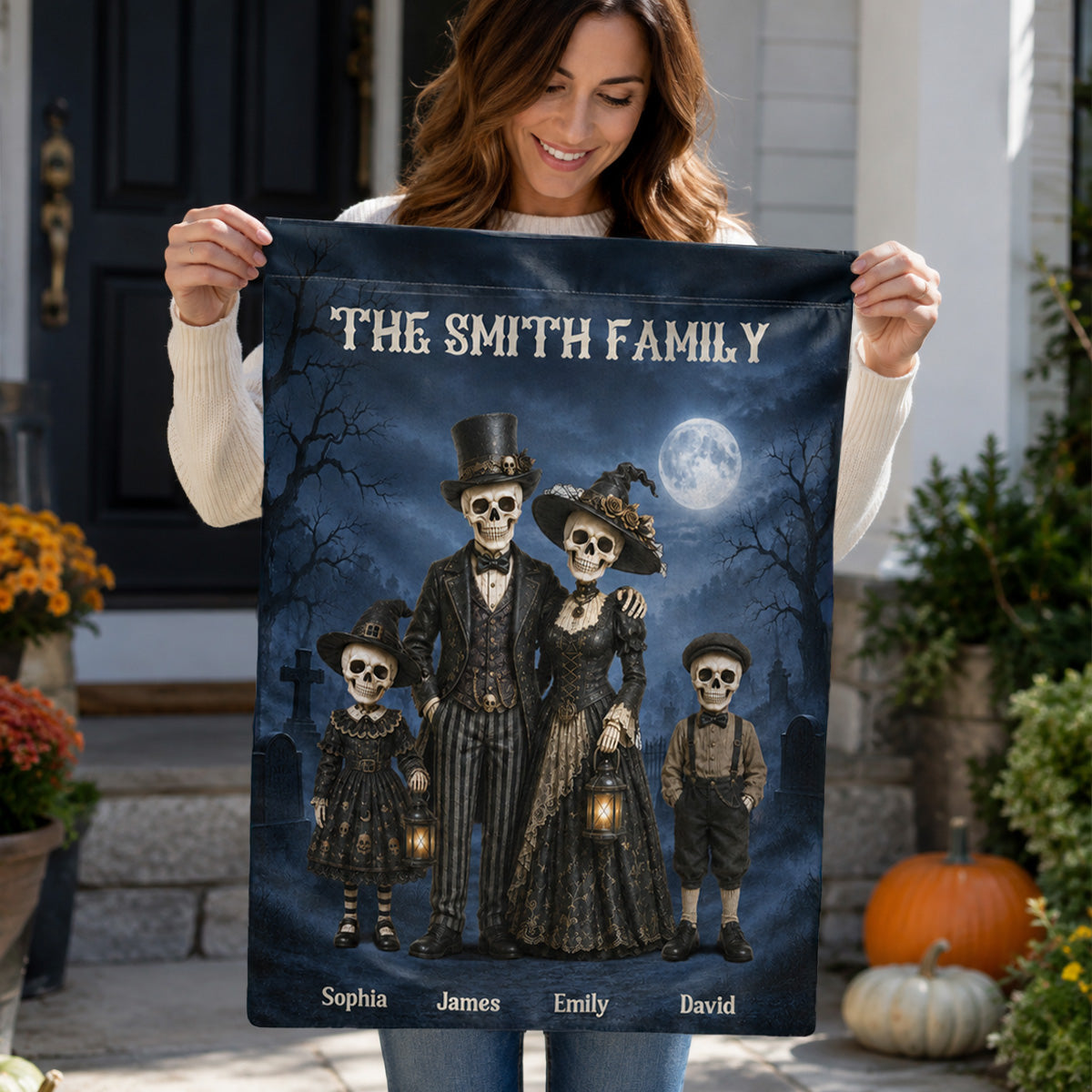 Gothic Skeleton Family - Personalized Garden Flag - Halloween Decoration