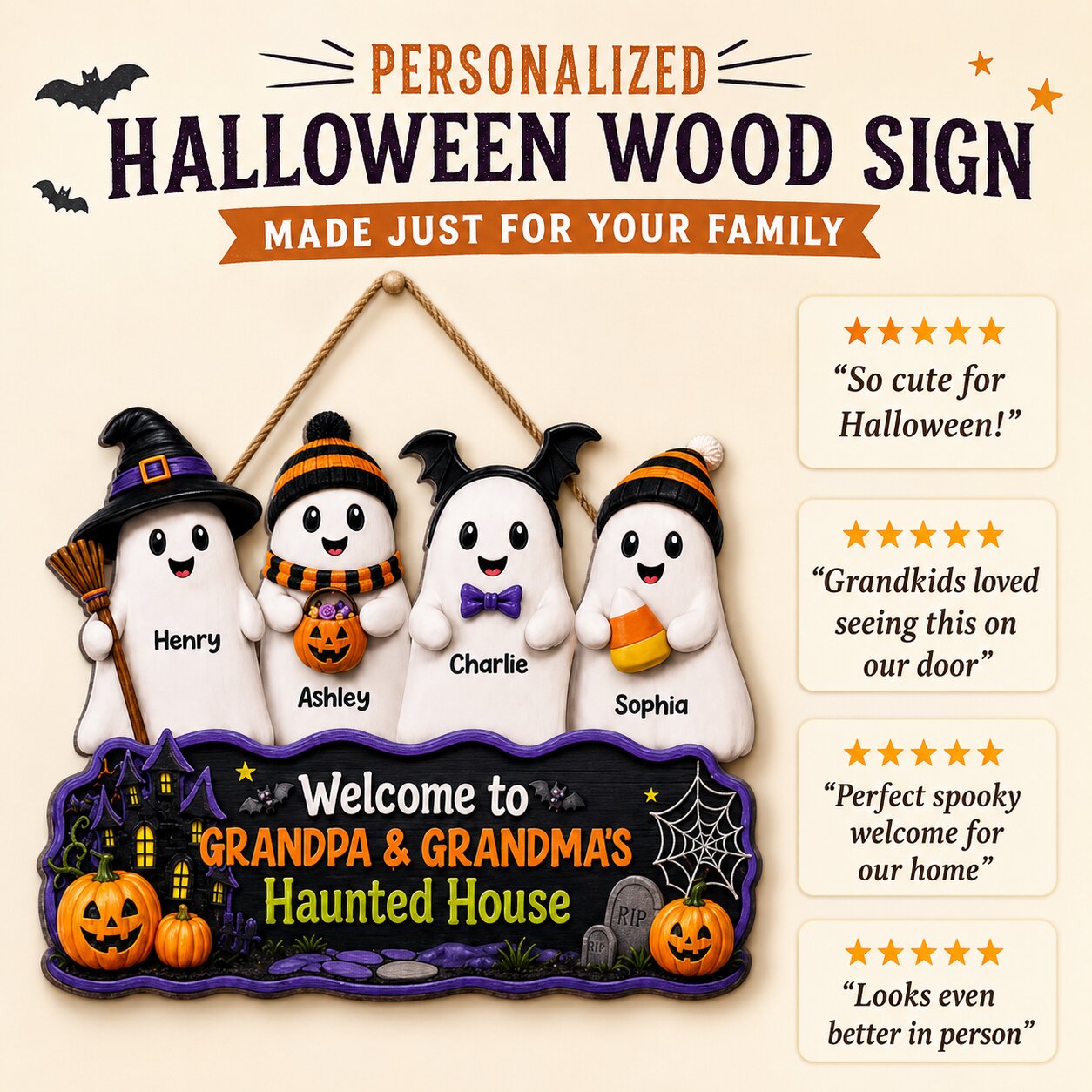 Halloween Welcome To Grandma Grandpa Haunted House Cute Boo Kids - Personalized Wood Sign - Halloween Decoration For Grandparents