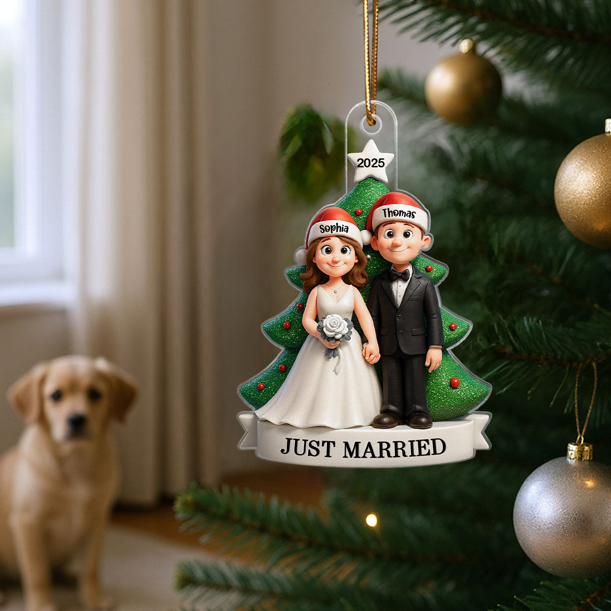Groom & Bride Under Tree First Christmas Personalized Acrylic Ornament | Just Married Newlyweds Marriage Keepsake