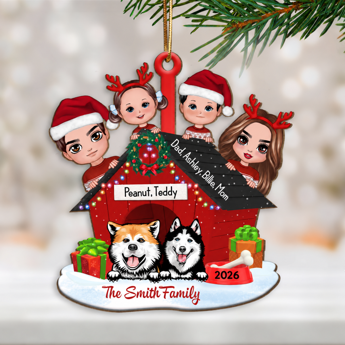 Family And Dogs Christmas - Personalized Wooden Ornament