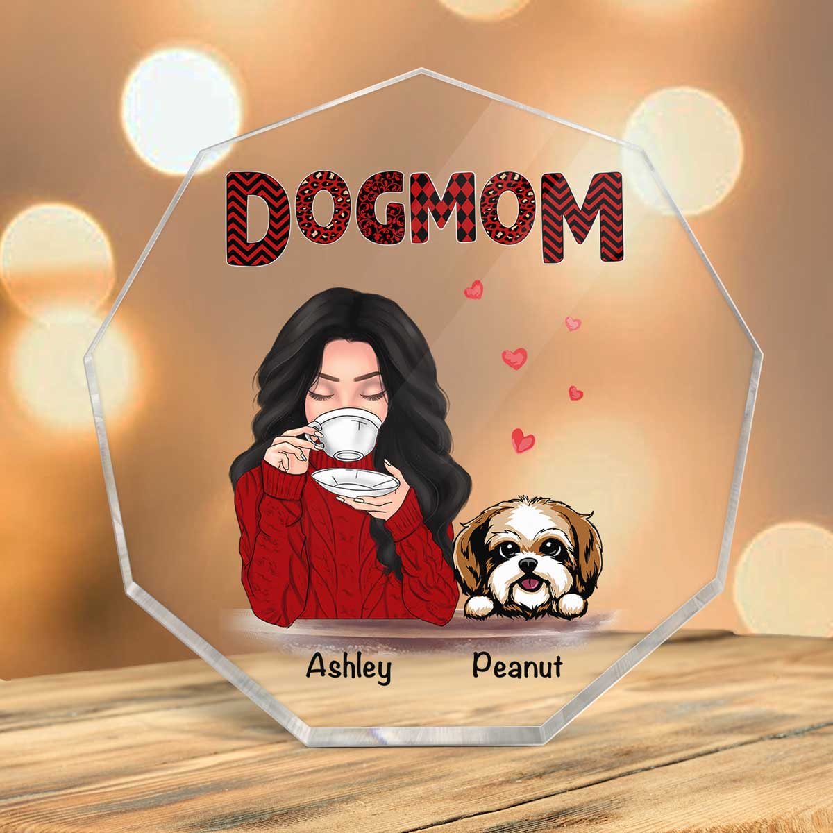 Dog Mom Red Patterned Personalized Nonagon Acrylic Plaque