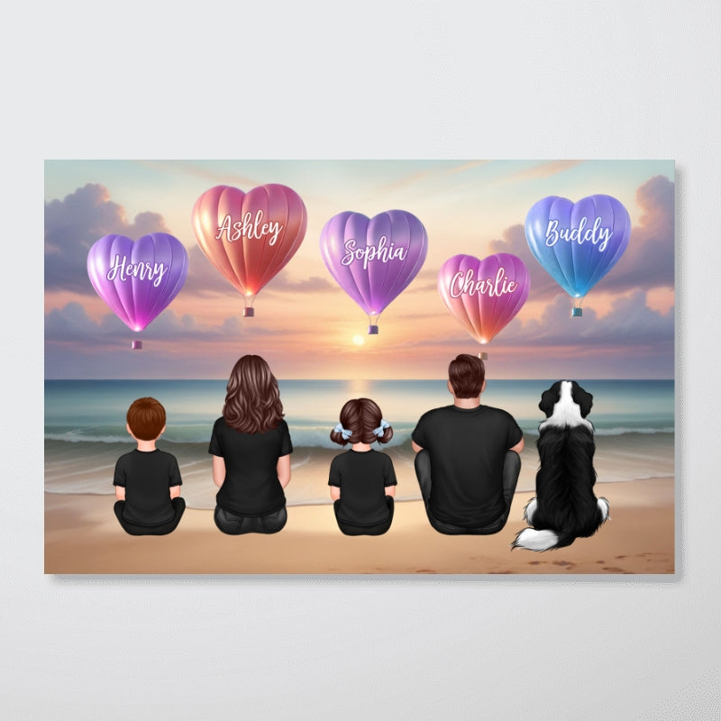 Personalized Family Sitting Back View Heart Air Balloons At Beach Poster, Gift for Family, Dad, Mom, Wife, Husband