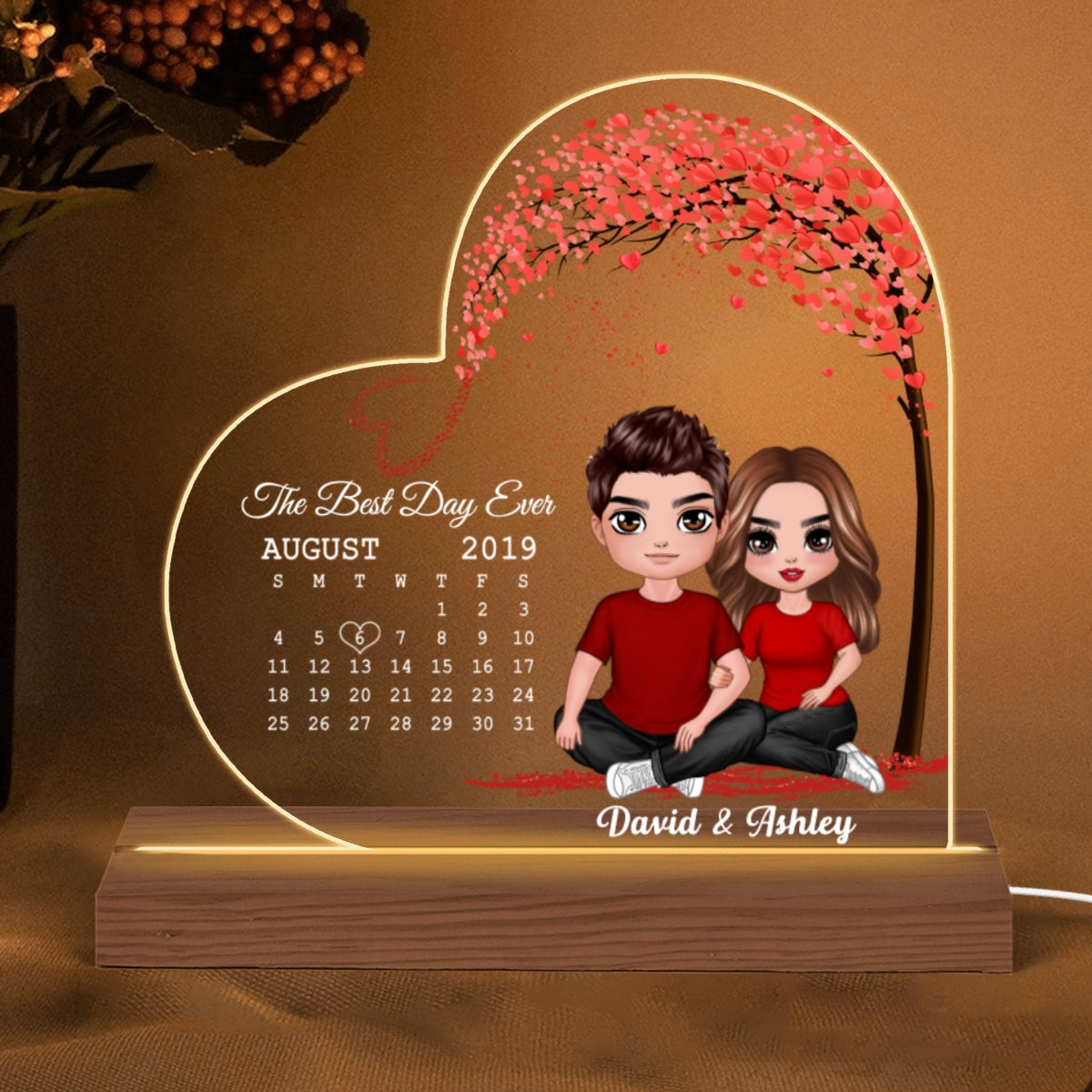 Embracing Doll Couple Sitting Under Red Heart Tree Calendar Anniversary Date Personalized Heart Custom Shape LED Night Light