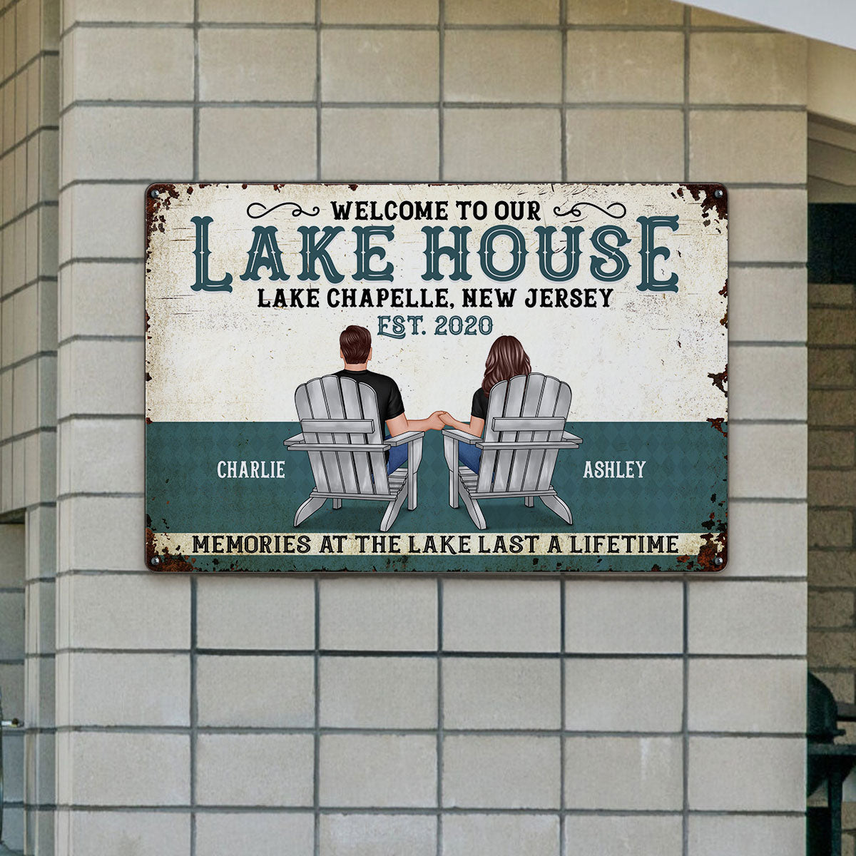 Welcome To Our Lake House Back View Couple Personalized Metal Sign
