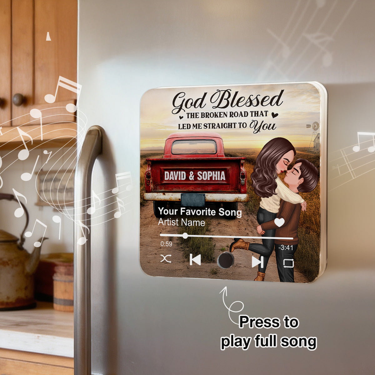 Rustic Nostalgia Red Truck Couple Hugging Kissing - Personalized Music Fridge Magnet - Heartfelt Valentine, Anniversary Gift For Him, For Her, Farmhouse Decor