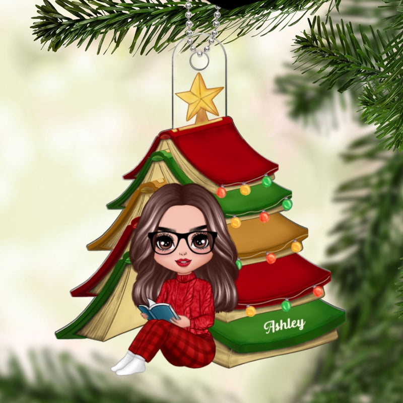 Christmas Book Tree Reading Girl Sitting Personalized Acrylic Ornament