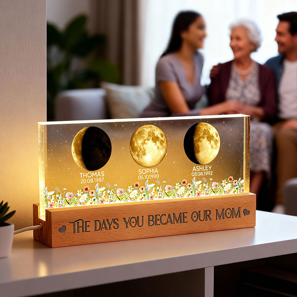 Floral Custom Birth Moon Phase The Day You Become Our Mom - Personalized Acrylic Block LED Night Light - Heartfelt Gift For Mom