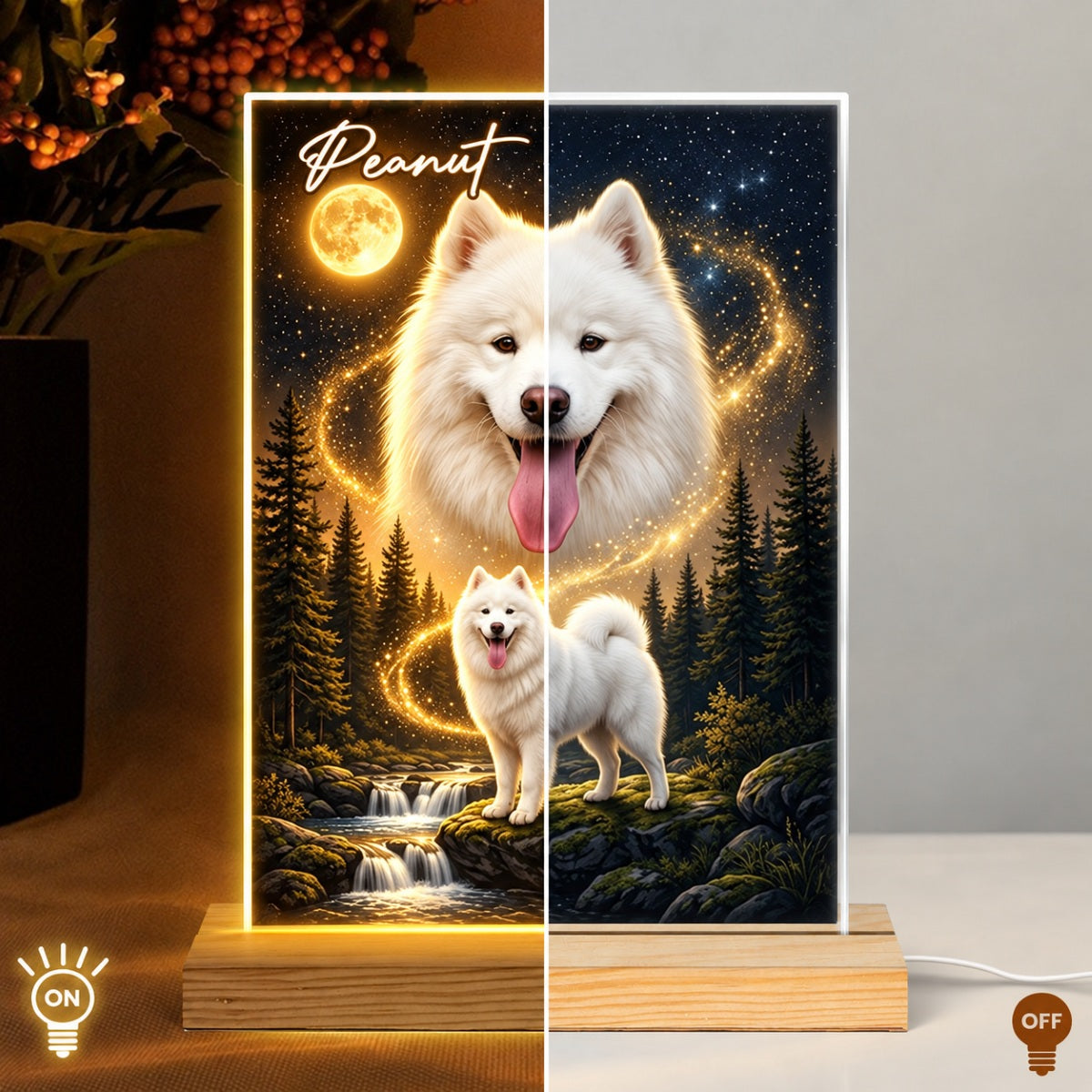Dog Howling to the Moon - Personalized Acrylic Plaque LED Night Light - Gift for Dog, Cat Lovers, Pet Memorial Gift