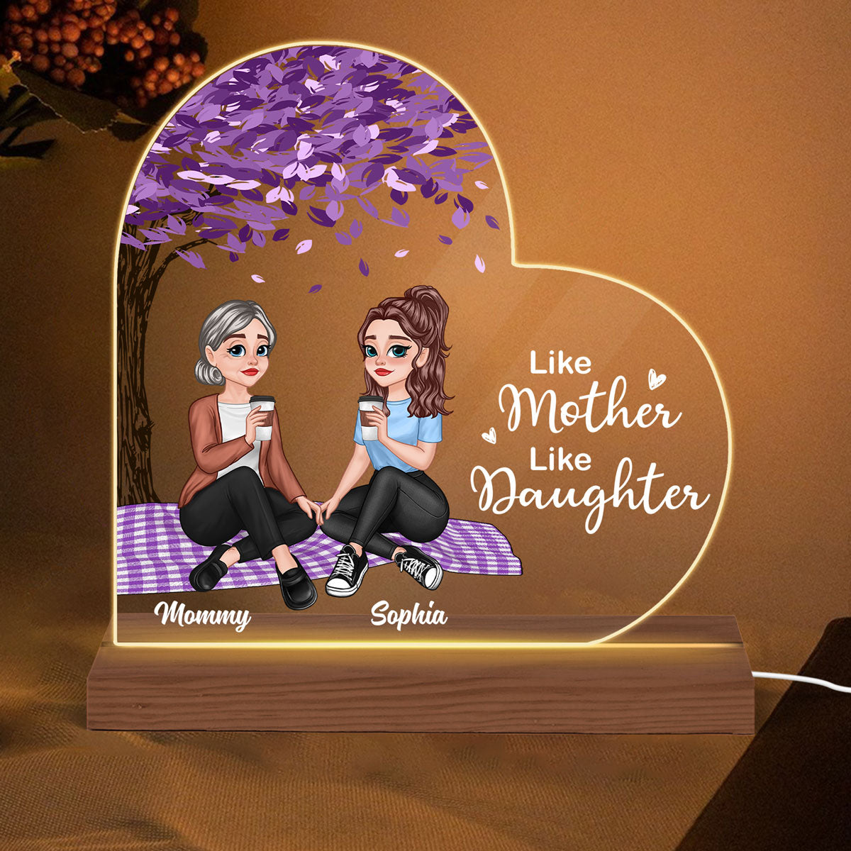 Like Mother Like Daughter Pretty Cartoon Mom Daughter Under Tree Personalized Heart Shaped Acrylic Plaque With LED Night Light