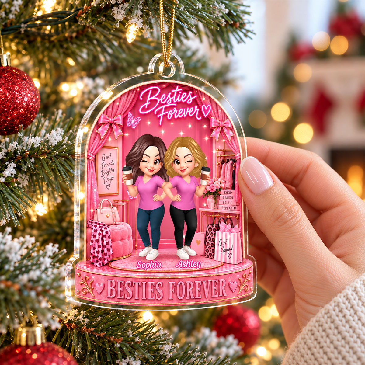 Besties Forever Pink Theme - Personalized Acrylic Ornament - Gift For Besties