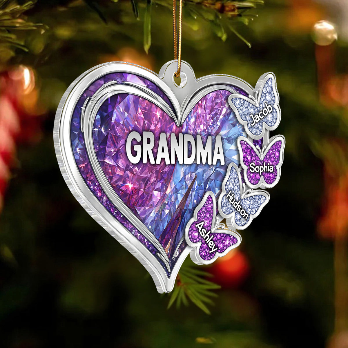 Grandma Butterfly with Grandkids Names 3D Crystal Effect - Personalized Acrylic Ornament - Christmas Gift for Grandma