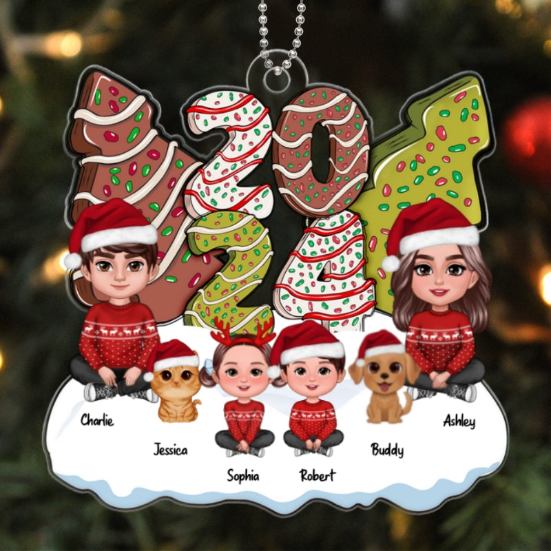 Family Dad Mom Kids Dogs Cats Sitting By 2024 Christmas Tree Cake Patterned Personalized Acrylic Ornament