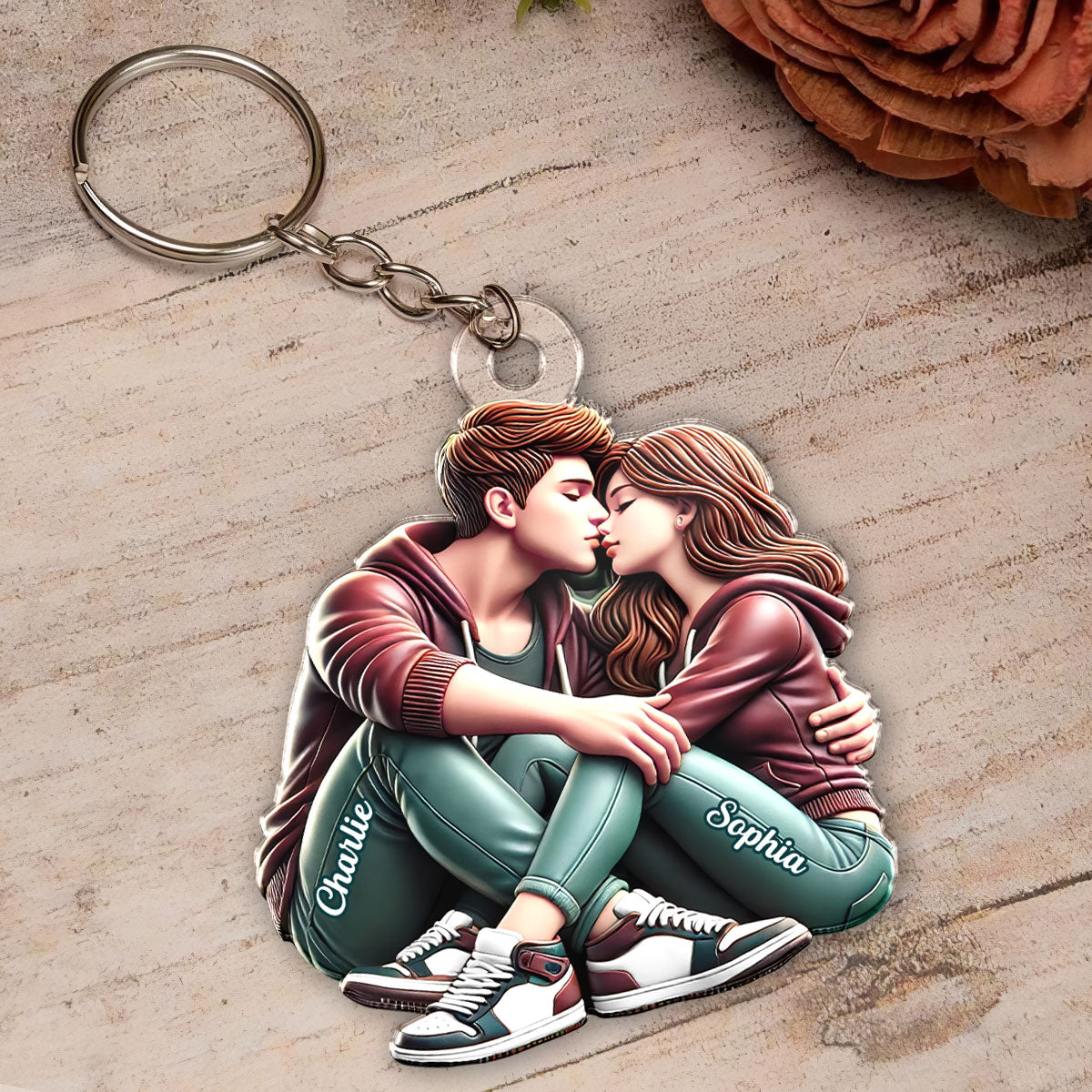 3D Effect Couple Sitting Kissing Personalized Acrylic Keychain, Heartfelt Gift For Couple, For Him, For Her, Boyfriend, Girlfriend, Husband, Wife