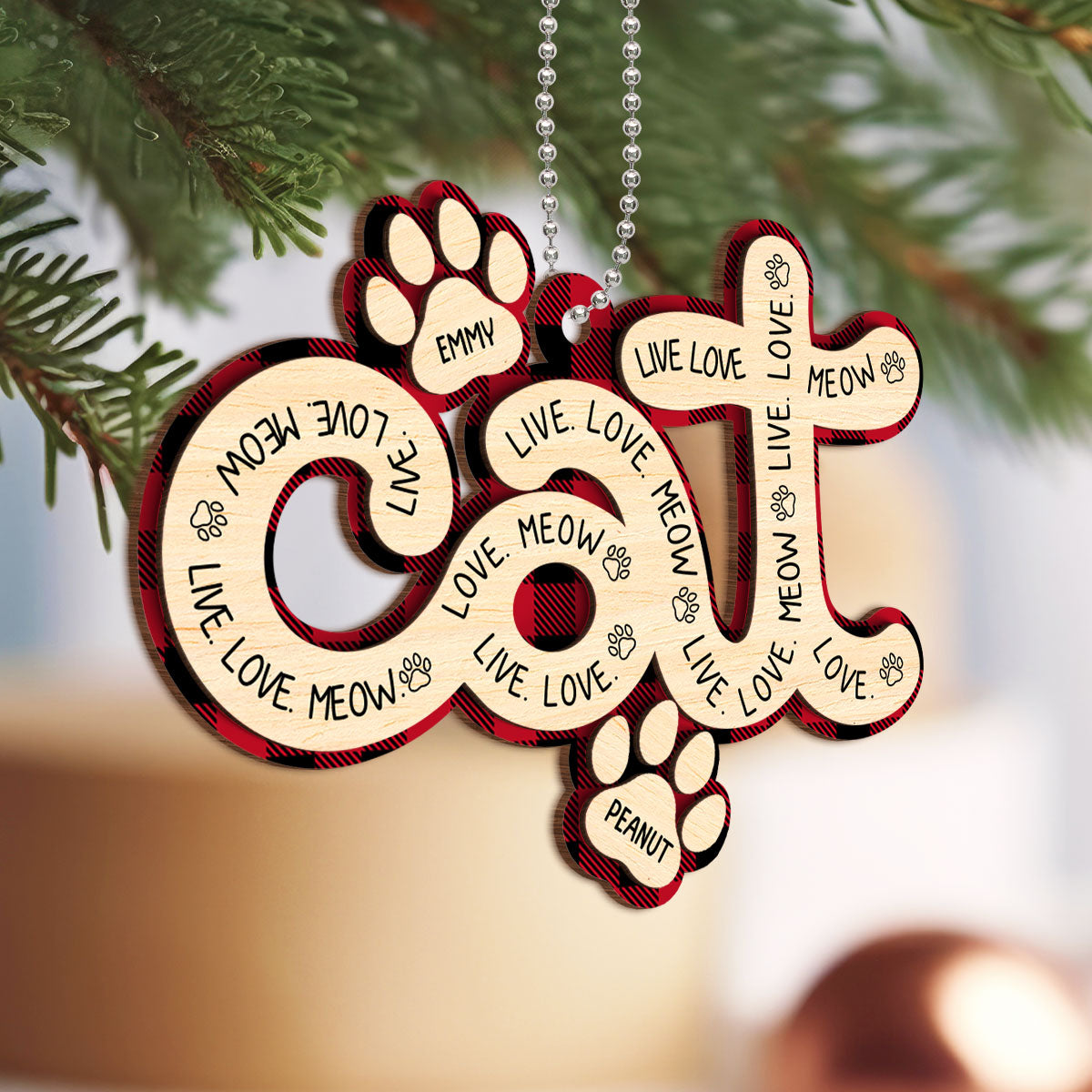 Cat Live Love Meow Paws Christmas Personalized 2-Layer Wooden Ornament, Christmas Gift for Cat Lovers