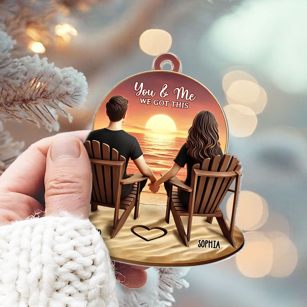 3D Effect Couple Beach Landscape Retro Vintage Personalized Car Hanger, Anniversary Gift For Couple