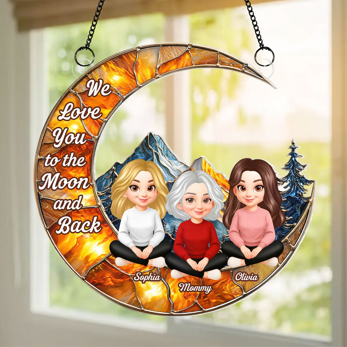 Mother Daughter Son Sitting on Moon - Personalized Suncatcher Ornament - Heartfelt Mother's Day Gift for Mom, Wife