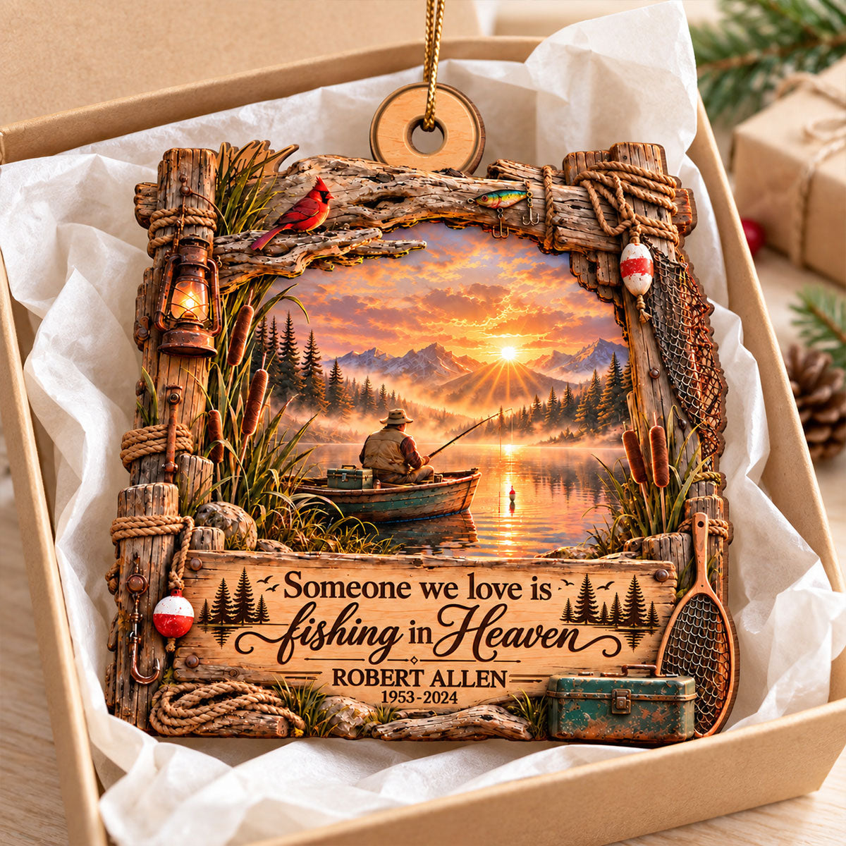 Someone We Love Is Fishing In Heaven 2D Flat - Personalized Wooden Ornament - Memorial Sympathy Gift