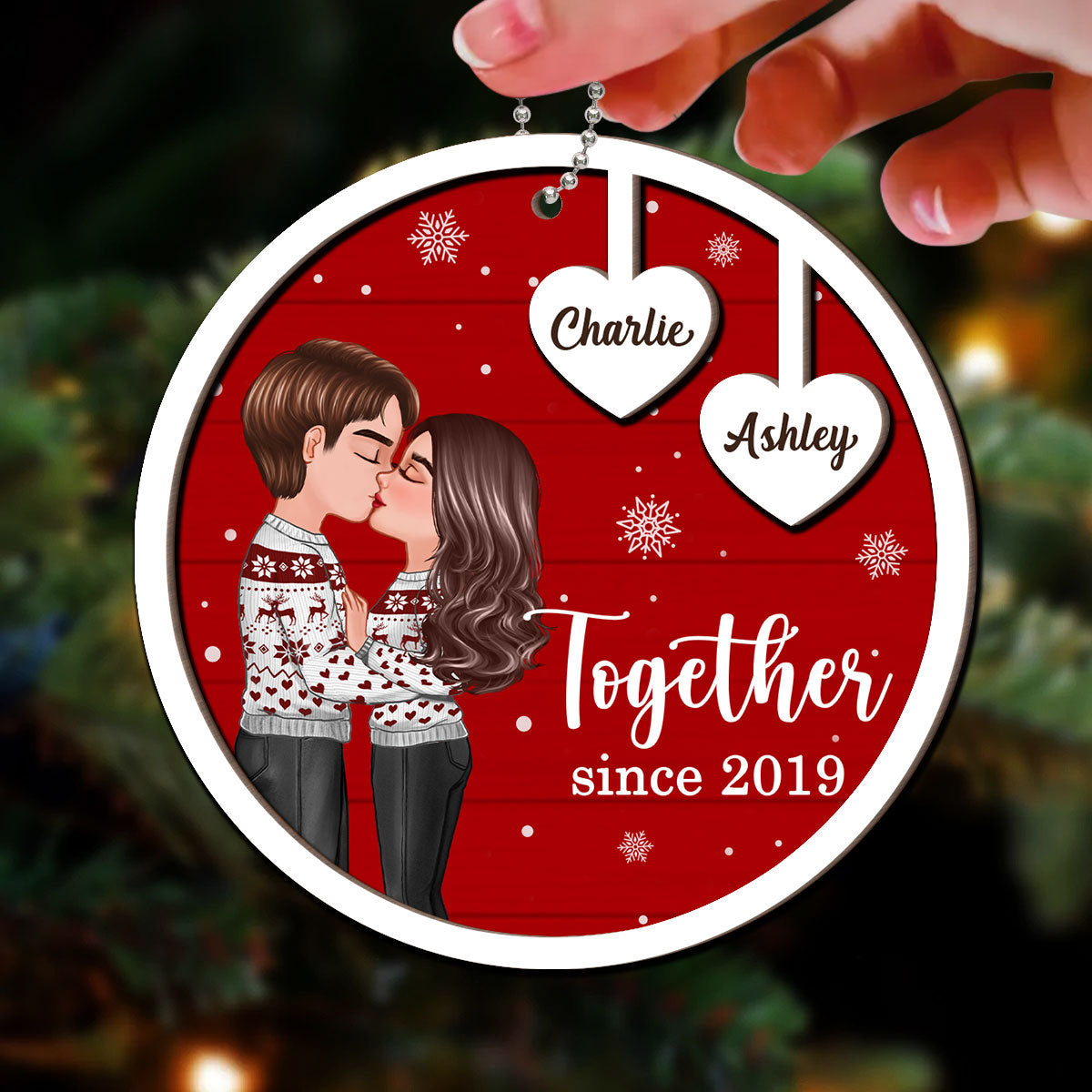 Coupe Kissing Heart Strings Christmas Personalized 2-Layer Wooden Ornament