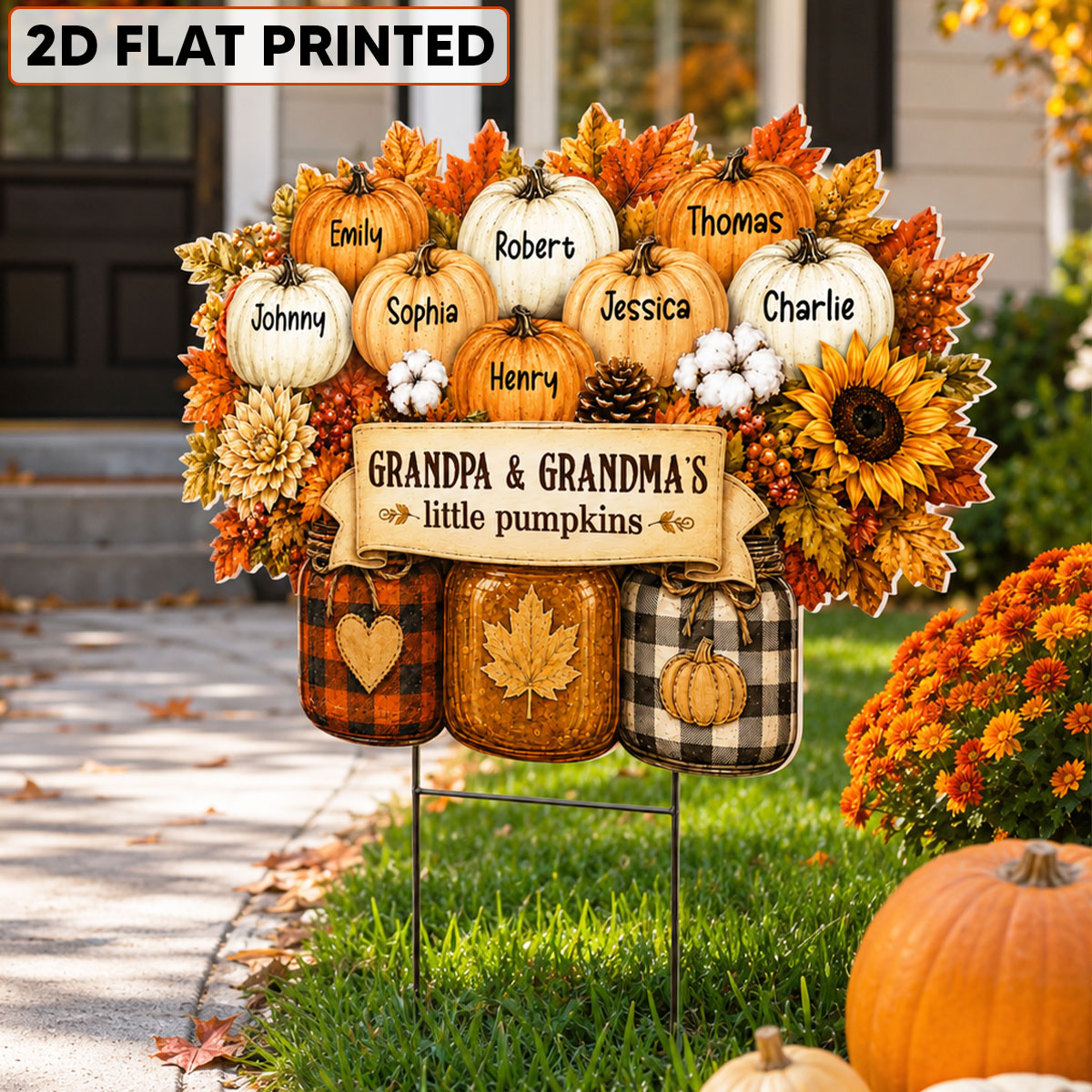 Cozy Warm Fall Season Mason Jars Pumpkins - Personalized Yard Sign - Fall Decor For Grandparents