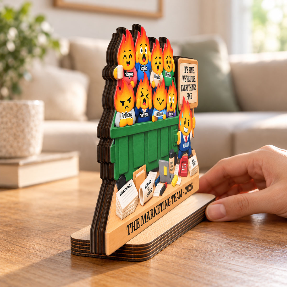 Dumpster Fire Team 2D Flat - Personalized Wooden Plaque – It's Fine We're Fine Everything's Fine, Funny Coworker Gift 2026