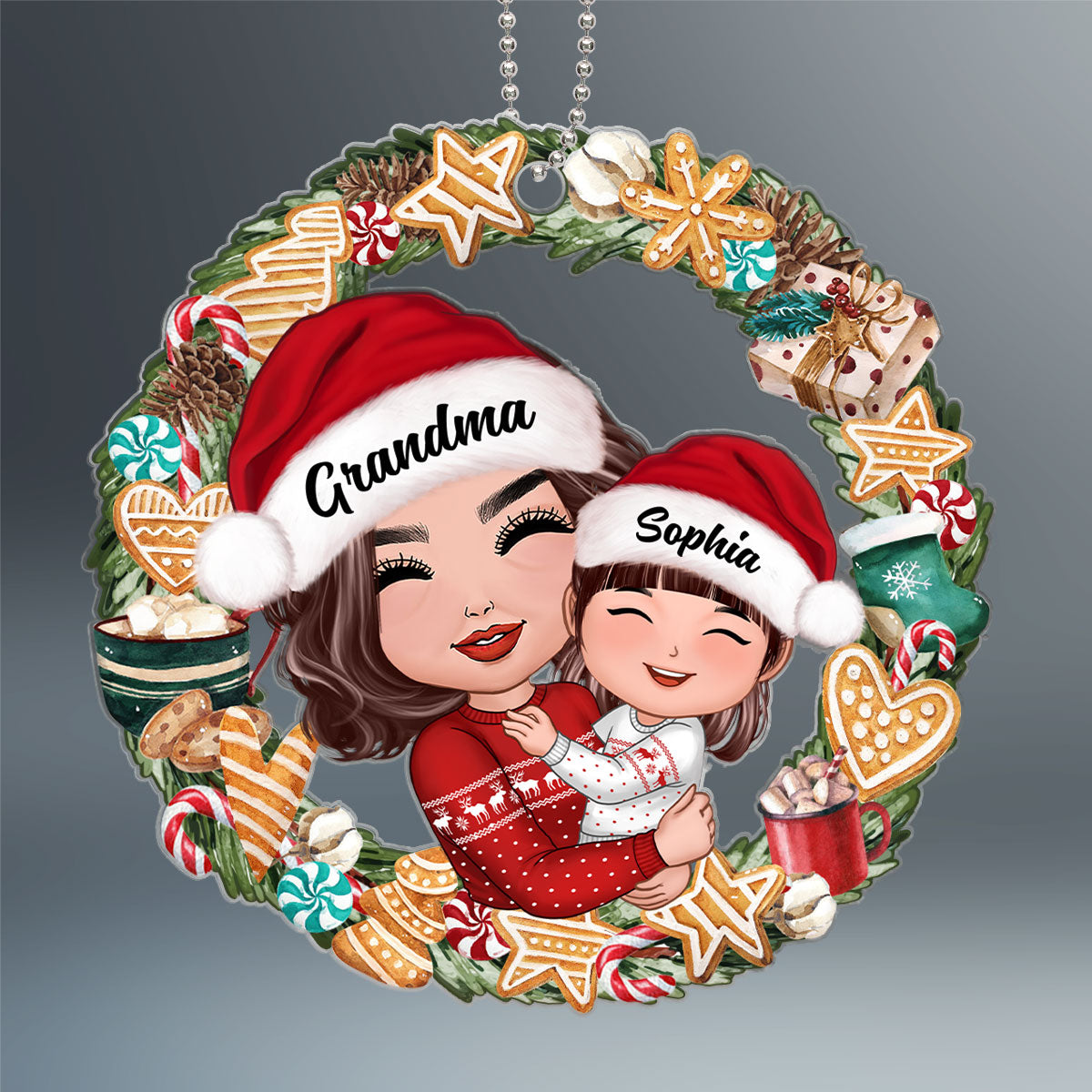 Christmas Wreath Ginger Bread Grandma Hugging Grandkids Personalized Acrylic Ornament