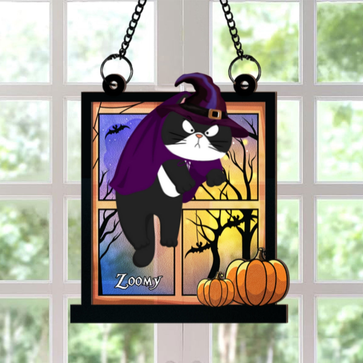 Halloween Cats Hanging On Window Personalized Suncatcher, Halloween Decor