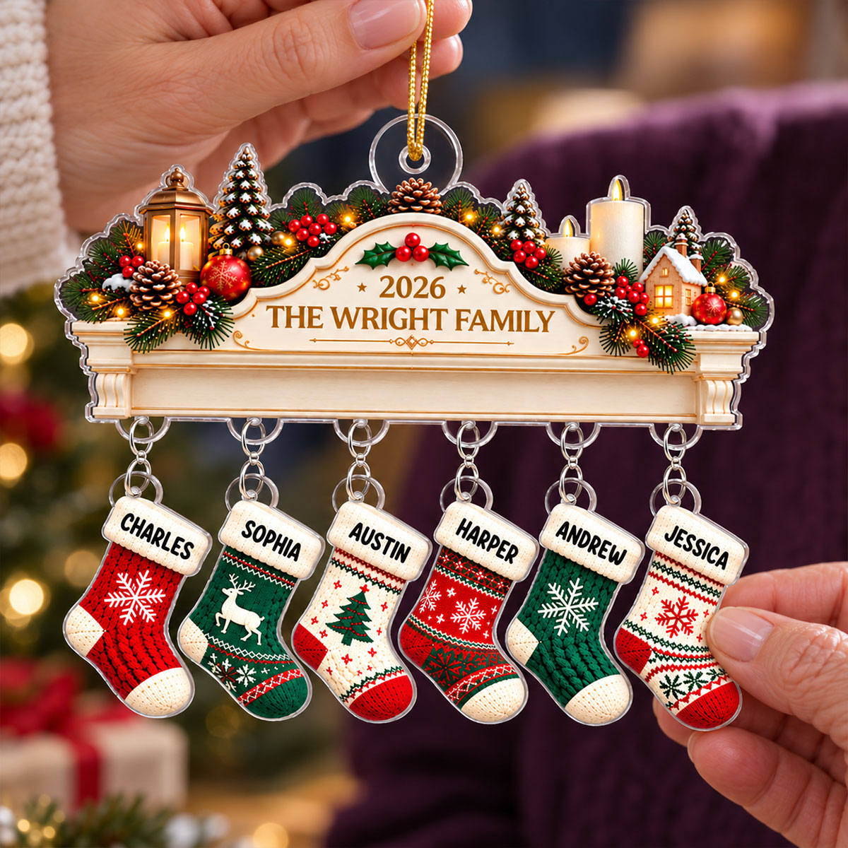 Family Christmas Stockings Mantel - Personalized Acrylic Ornament With Hanging Pieces - Christmas Keepsake for Family