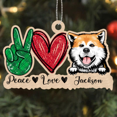 Peace Love Dog Christmas Personalized Wooden Ornament