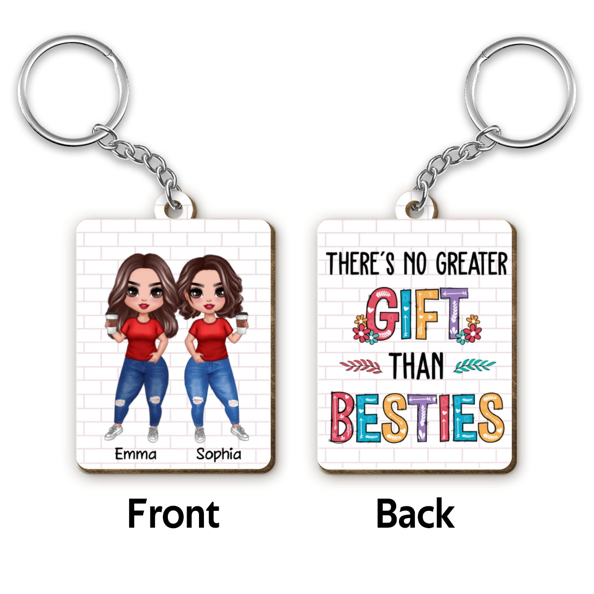 Colorful Pattern Doll Besties Gift For Best Friends Matching Personalized Wooden Keychain