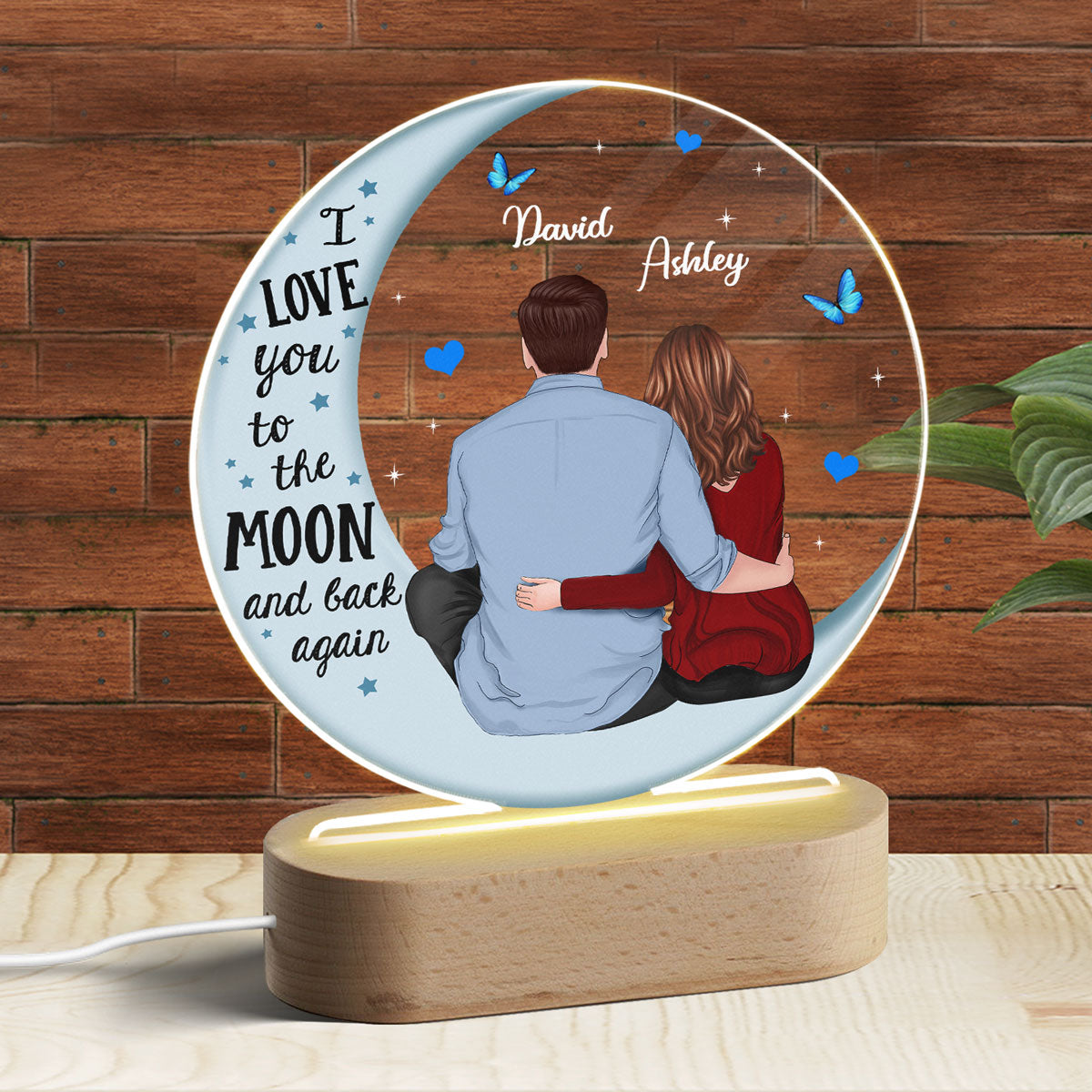 Couple Back View Blue Moon Personalized Circle Plaque LED Night Light - Acrylic LED Lamp - Valentine‘s Day Gift For Him, Gift For Her