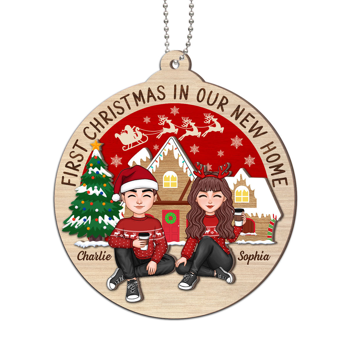 First Christmas In Our New Home Couple Sitting Personalized 2-Layer Wooden Ornament
