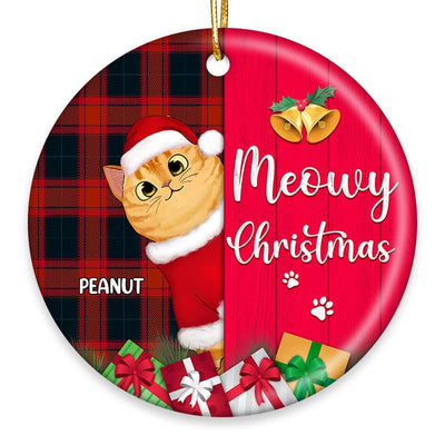 Meowy Christmas Checkered Pattern Personalized Circle Ornament