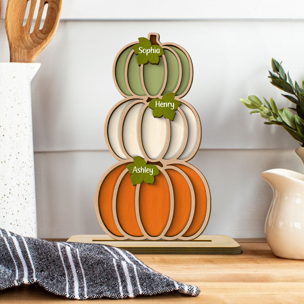 Fall Season Pumpkins Stack With Names Personalized 2-Layer Wooden Standing Plaque
