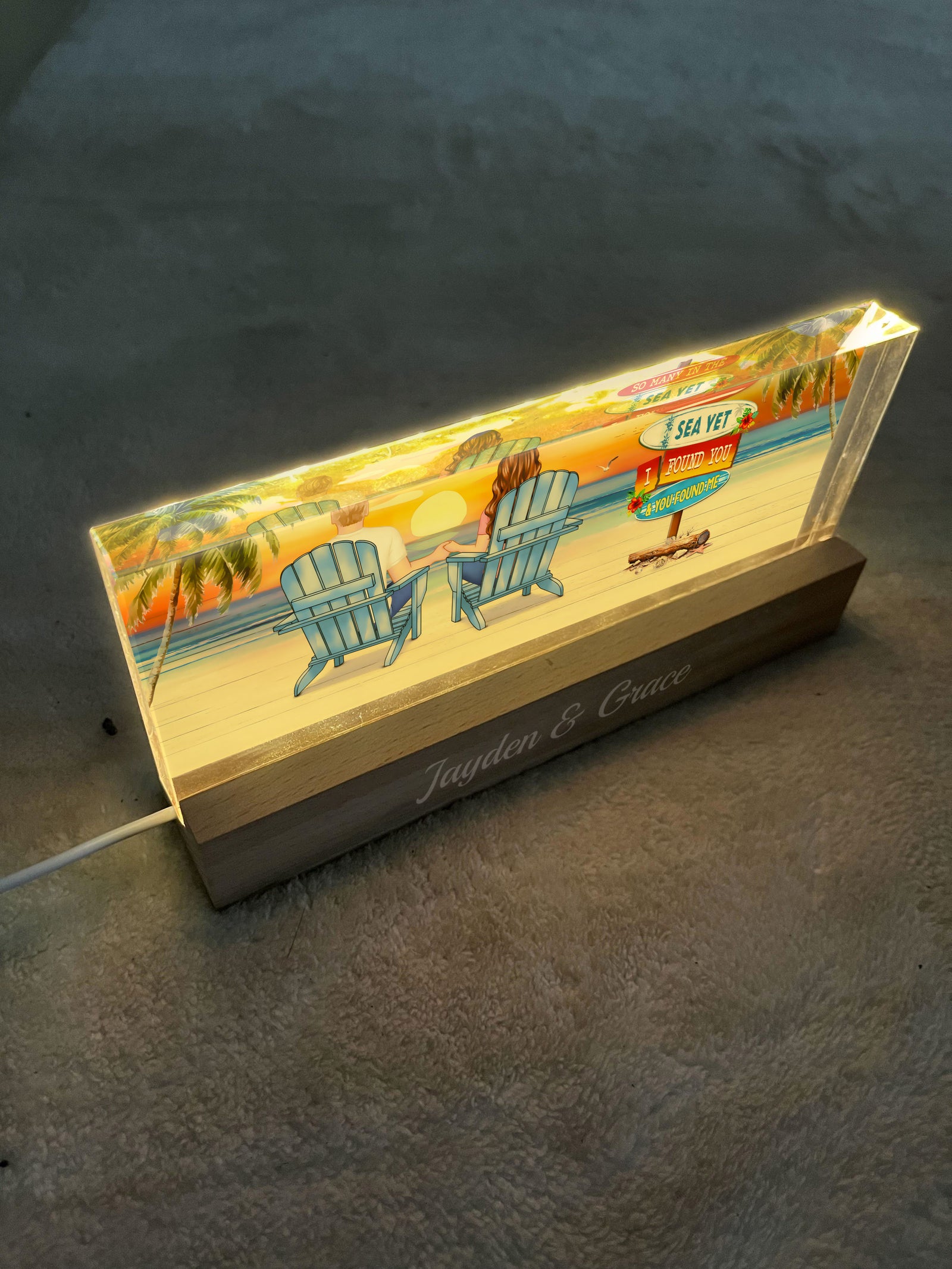 Summer Couple Sitting Be Happy Personalized Acrylic Block LED Night Light, Anniversary Gift For Him, Gift For Her, For Husband, For Wife