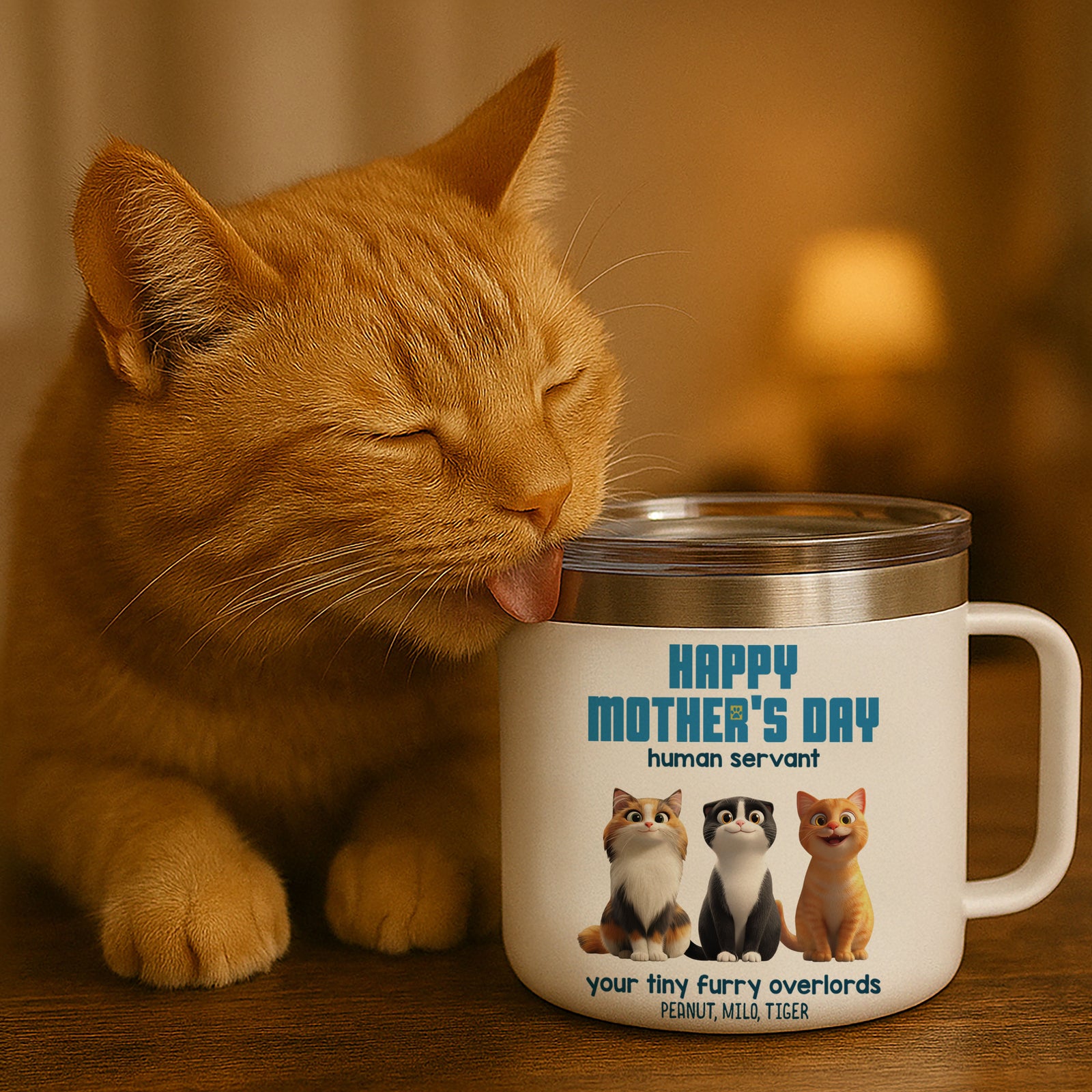 Happy Mother's Day Human Servant Personalized Stainless Steel Tumbler With Handle, Unique Gift for Cat Moms