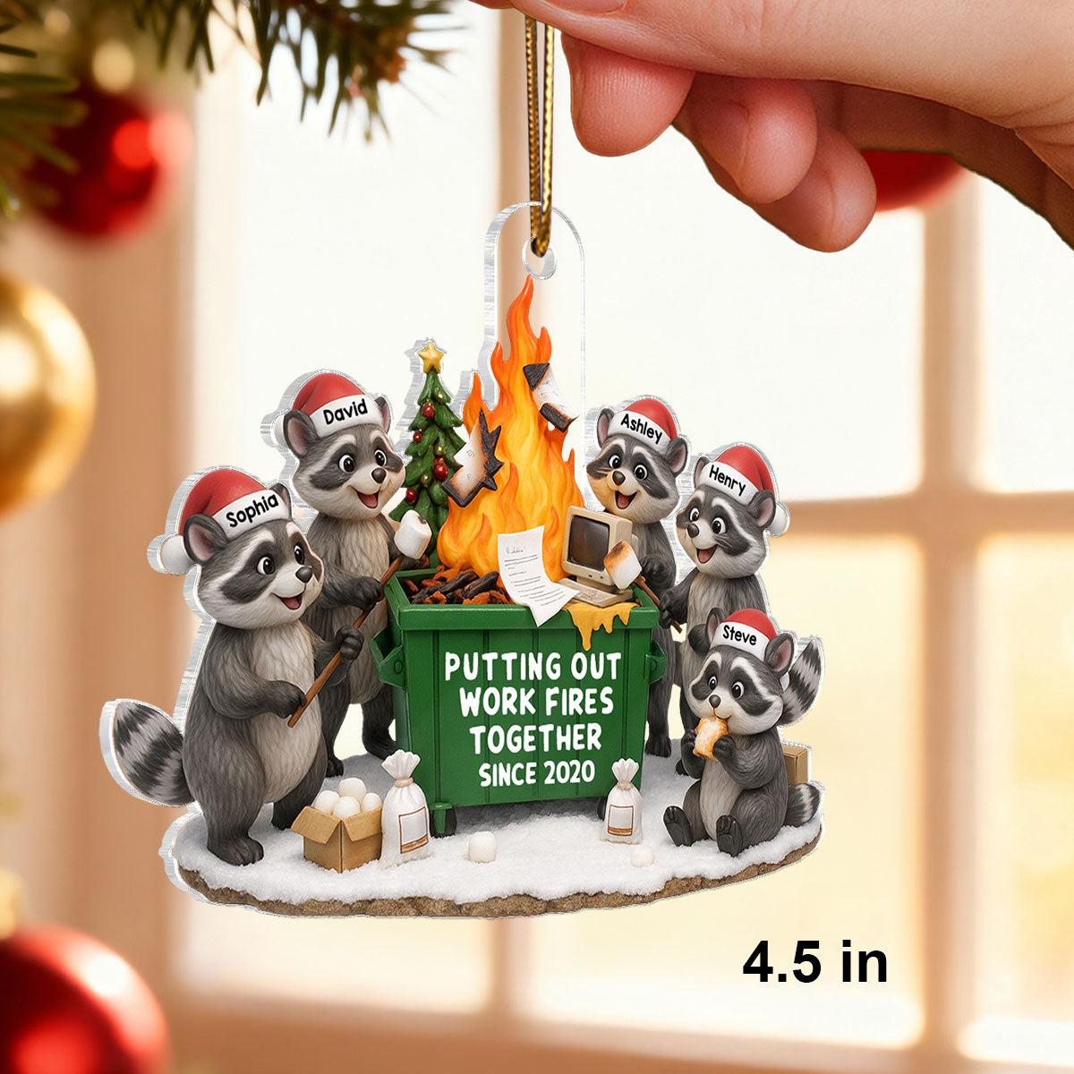 Funny Raccoon Putting out Work Fire Together Dumpster Fire - Personalized Acrylic Ornament - Funny Holiday Gift for Coworkers