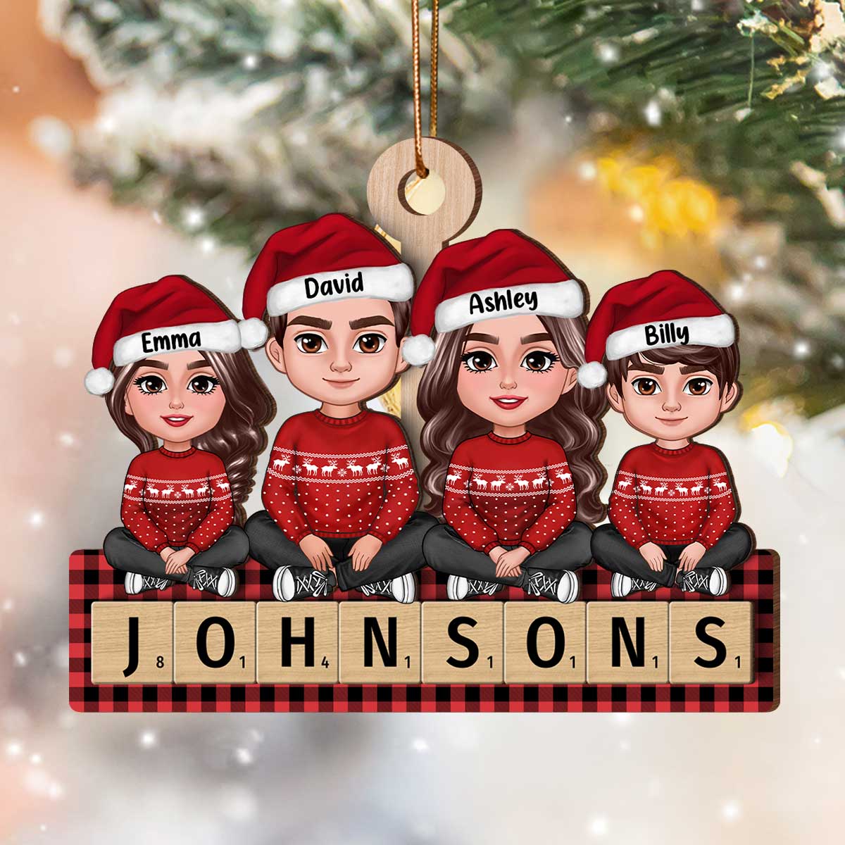 Whole Family Sitting On Word Personalized 2-Layer Wooden Ornament