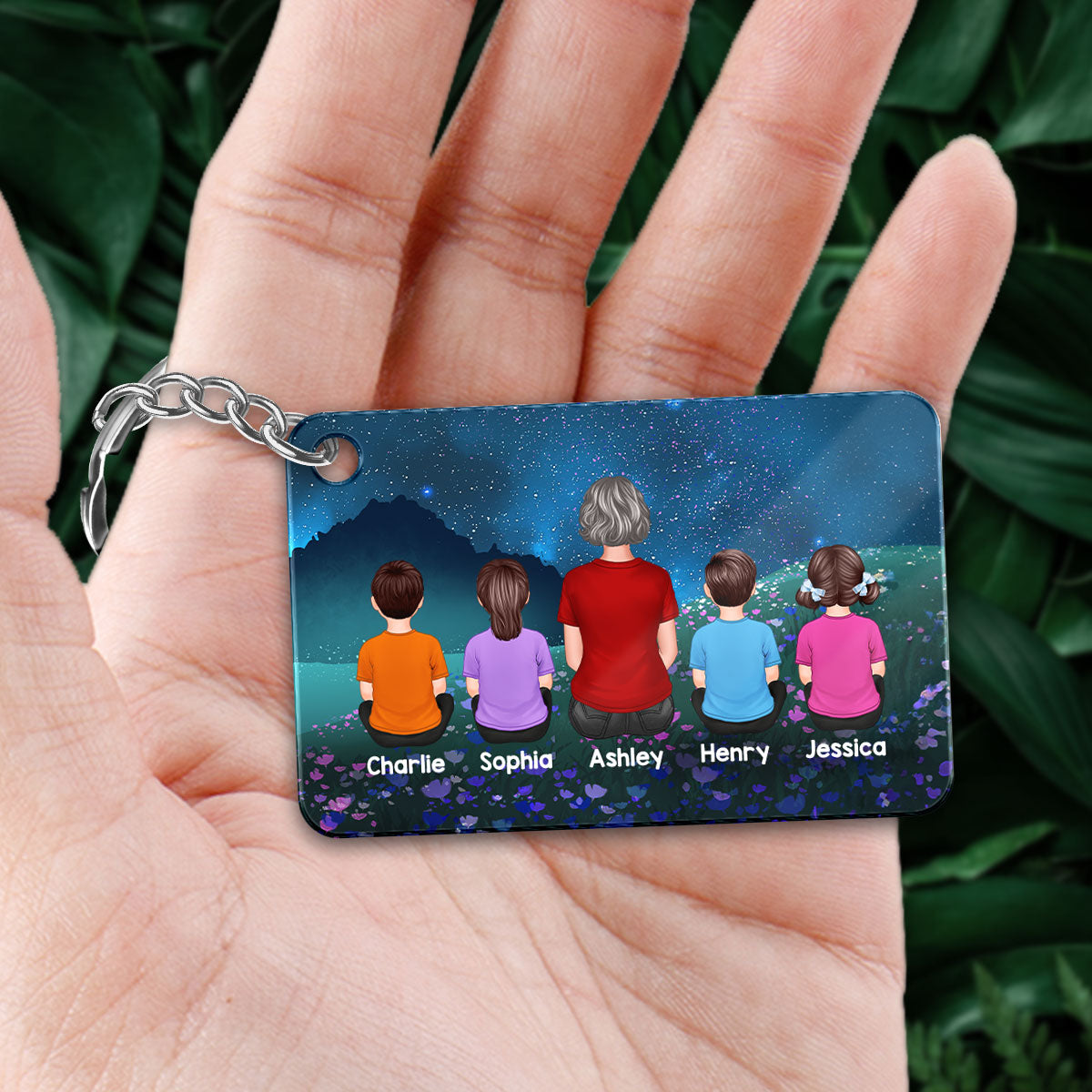 Grandma Grandkids Back View Sitting In Night Field Personalized Acrylic Keychain